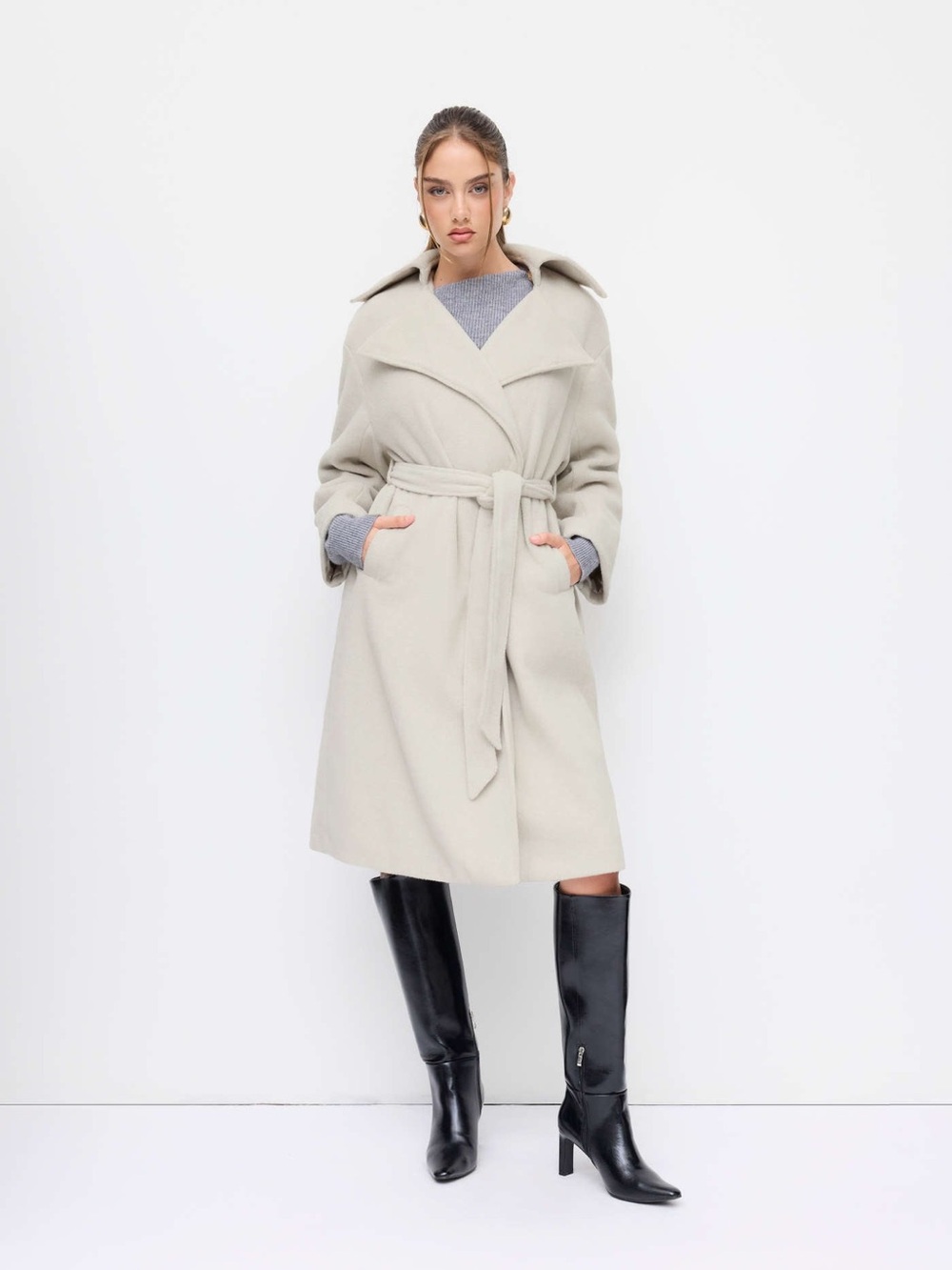 NEW Cider Wool-Look Collar Long Sleeve
Oversized Long Coat With Belt Beige